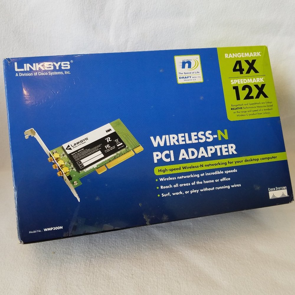 LINKSYS CISCO WIRELESS-N PCI ADAPTER MODEL WMP300N RANGE MARK 4X/SPEED MARK 12X
